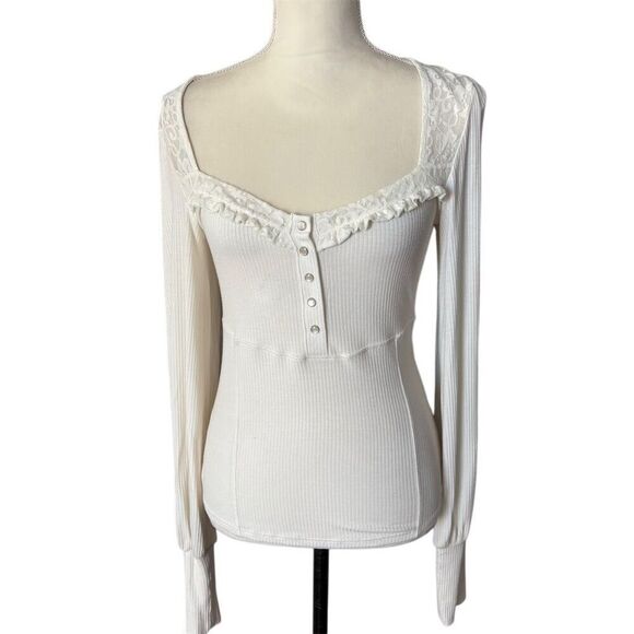 FP M Ivory Ribbed Lace Frill Square Neck Long Sleeve Blouse Y2K Romantic - Picture 1 of 7